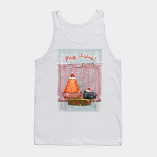 Merry Christmas greeting winter card with cute fluffy cats in red Santa hats and scarves Tank Top